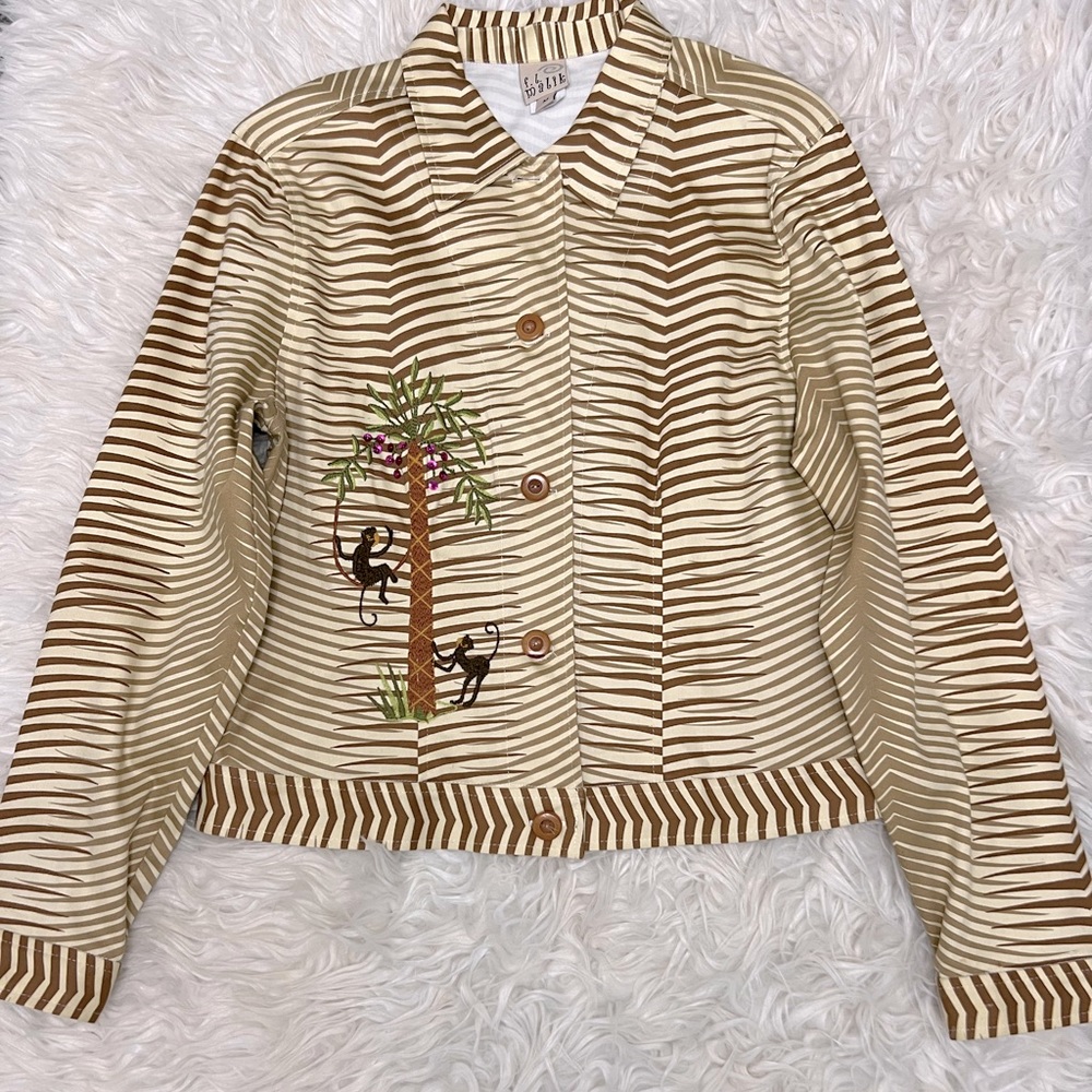 F.L. Malik Size M Brown Cream Zebra Strip Monkey Palm Tree Embroidered Blazer - Picture 1 of 5